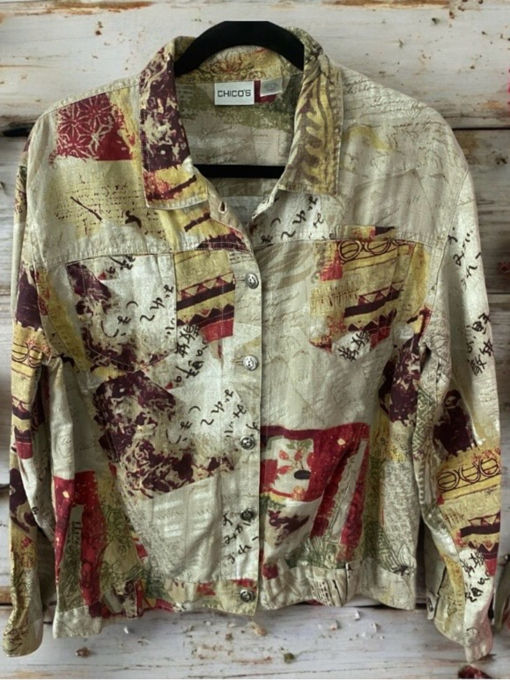 Chico's Cream Patchwork Button-Front Women's Jacket Artsy Cottagecore Maximalist